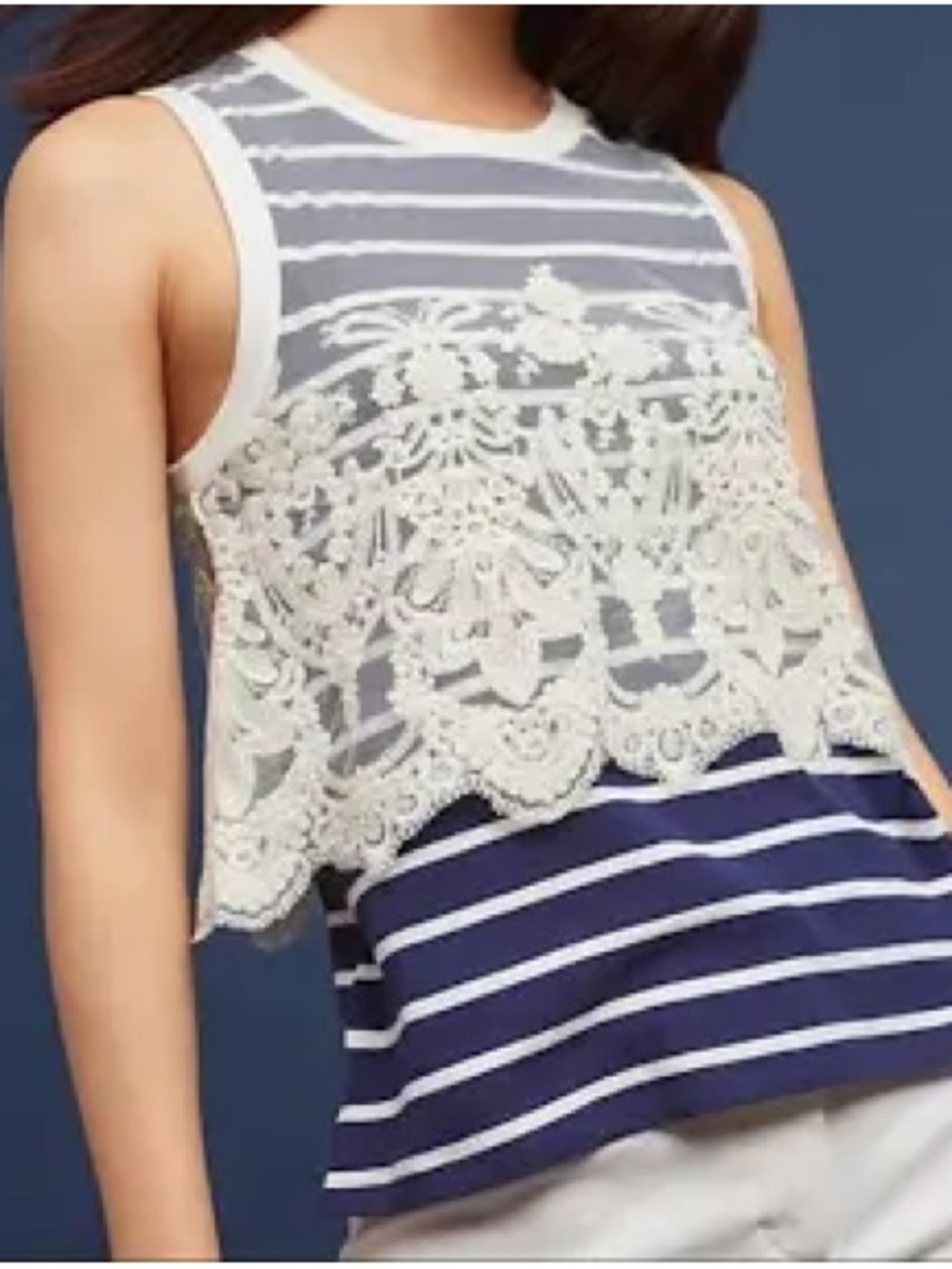 Anthropologie Navy and White Lace-Layered Striped Tank NWT